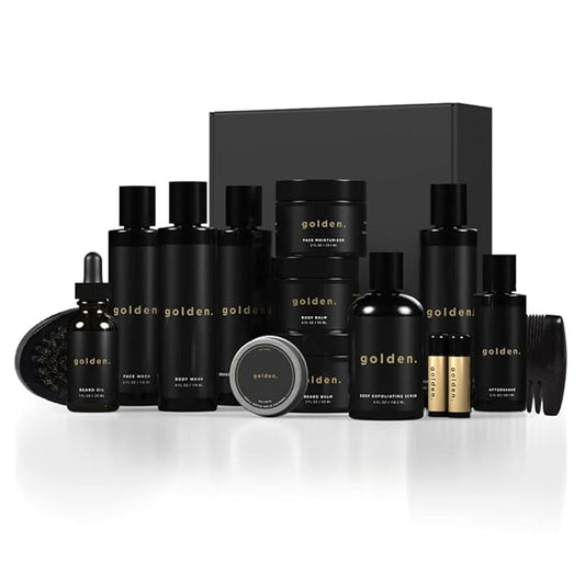 Golden Grooming Co. Complete Men's Grooming Gift Set - Beard Oil, Face & Body Wash, Shampoo, Balms, Moisturizer, Scrub & More