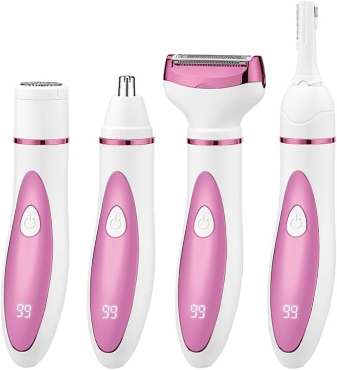 Electric Razor for Women, Bikini Trimmer Womens Shaver for Face Nose Eyebrow Body Leg Pubic Underarm Arm Ladies Rechargeable 4 in 1 Hair Removal Kit Painless Trimming, Gifts for Women (Pink)