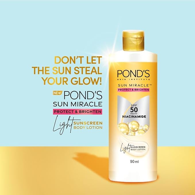 POND-S. Sun Miracle Body Lotion, SPF 50 PA+++, 90 ml, UVA/UVB Protection, 1% Niacinamide, Lightweight, No White Cast 3.0 Fl.oz.