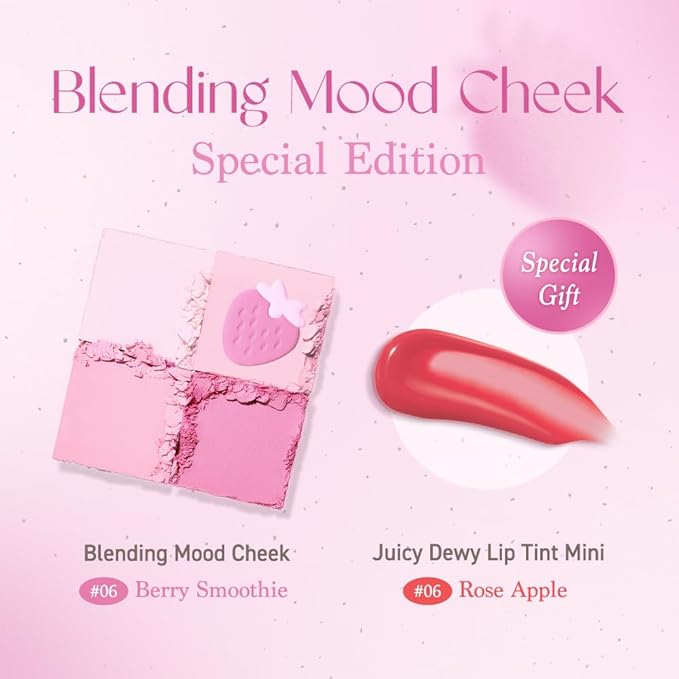 Dasique Blending Mood Cheek Special Edition #06 Berry Smoothie with FREE Juicy Dewy Tint Mini #06 Rose Apple | 4 Blendable Shades in Lightweight Smooth Powder | Korean Makeup