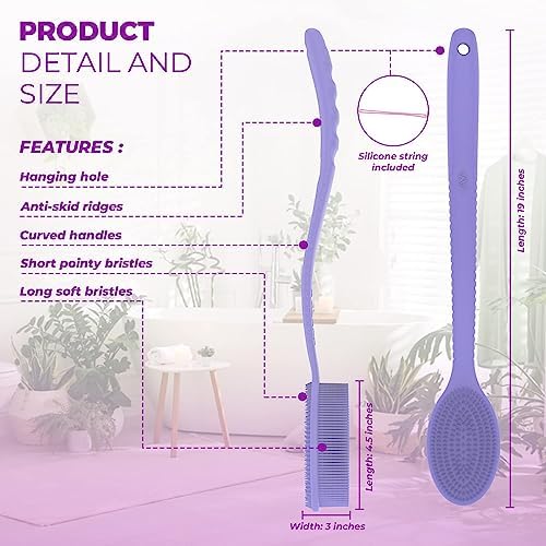 Avilana Silicone Body Scrubber – Gentle Shower Brush & Loofah Alternative- Food Grade & Lab Tested – Fast-Drying, Hygienic, BPA-Free Silicone Body Gentle Exfoliator (Lavender, Long Handle)