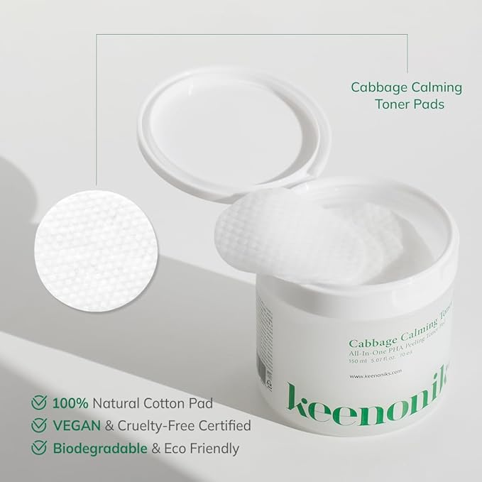 Cabbage Calming Toner Pads – PHA Exfoliating & Cooling Facial Wipes with 150,000ppm Cabbage Extract for Redness Relief & Pore CareㅣKorean Skincareㅣ70 Pads (5.07Oz)