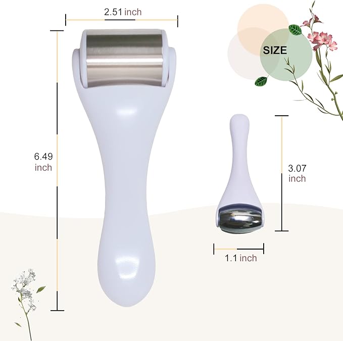 Ice Roller & Massager for Face & Eyes - Stainless Steel, 2 Pcs, Pain Relief, Dark Circles, Migraine (White)