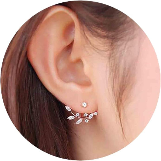 Boho Crystal Leaf Ear Jackets Earrings Gold Cz Crystal Earrings Rhinestone Front Back Studs Earrings Minimalist Earrings Jewelry for Women and Girls Gifts