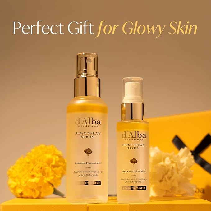d'Alba Travel Essencial Gift Set, White Truffle First Spray Serum Full Size & Travel Size with Yellow Pouch, Korean Skin Care