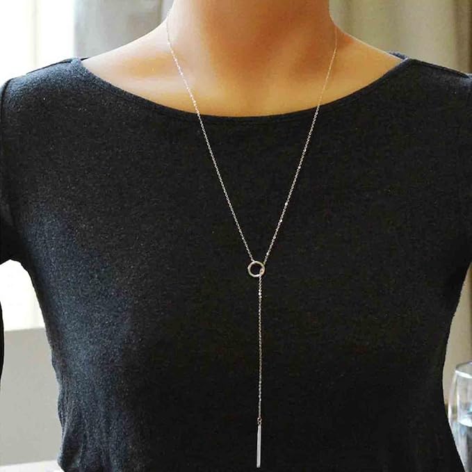 Boho Circle Bar Lariat Necklace Silver Drop Bar Y Necklace Open Circle Necklace Long Vertical Bar Necklace Chain Jewelry for Women and Girls Gifts
