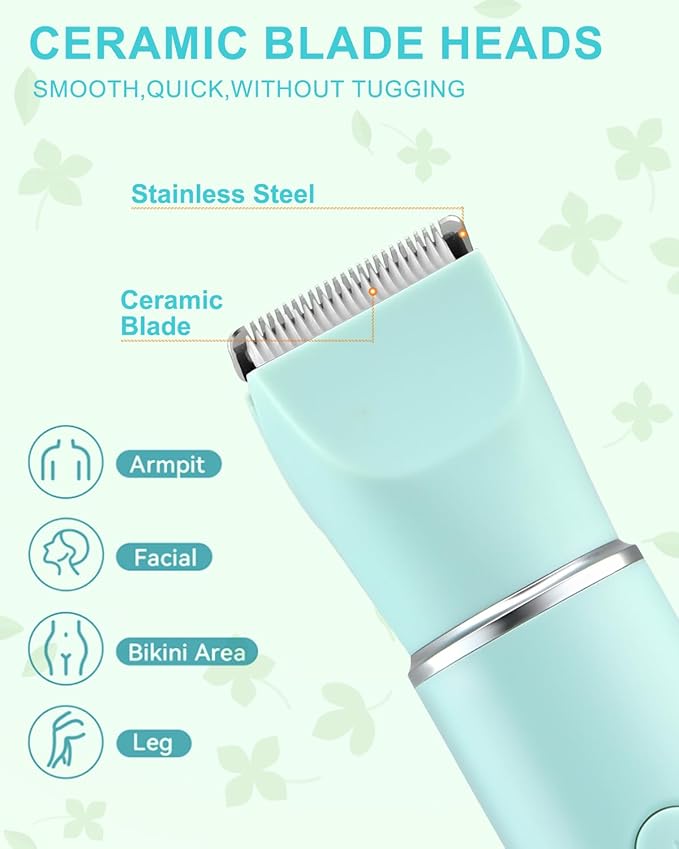 Bikini Trimmer for Women,2-in-1 Painless Electric Razors & Shaver Nose,IPX7 Waterproof,Body Hair Trimmer for Underarm/Pubic/Nose/Legs,USB-C Rechargeable Women's Grooming Kit (Mint Green)