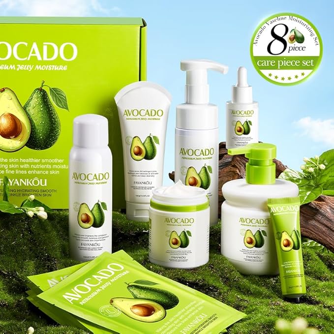 Avocado Facial Skincare Set - Complete Eight-Piece Kit for Soothing, Nourishing, and Moisturizing