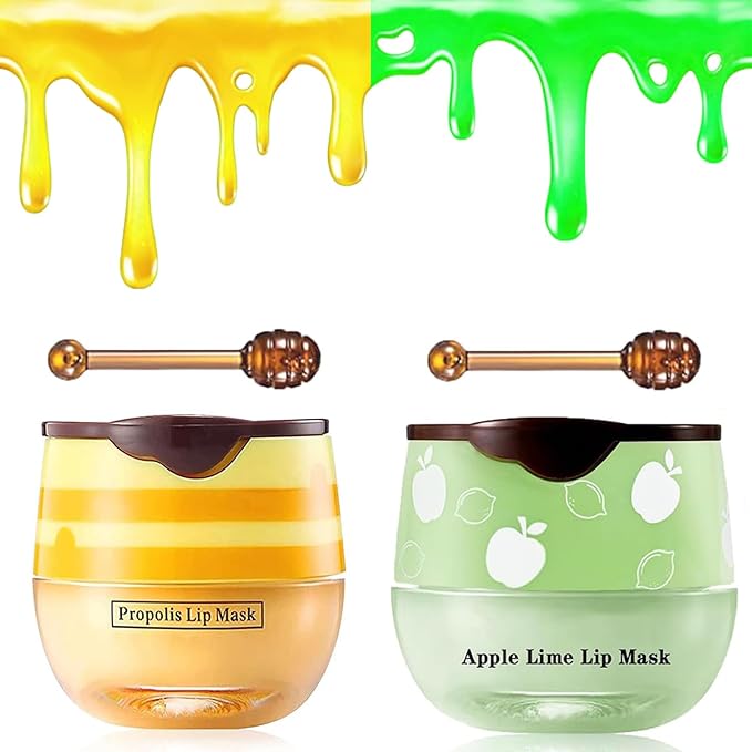 2 PCS Bee Lip Balm Honey Pot, Honey & Apple Lime Sleeping Lip Mask Overnight, Hydrating Prevention Dry and Cracked Lip Scrub, Reduces Lip Lines, Brightening Lip Color