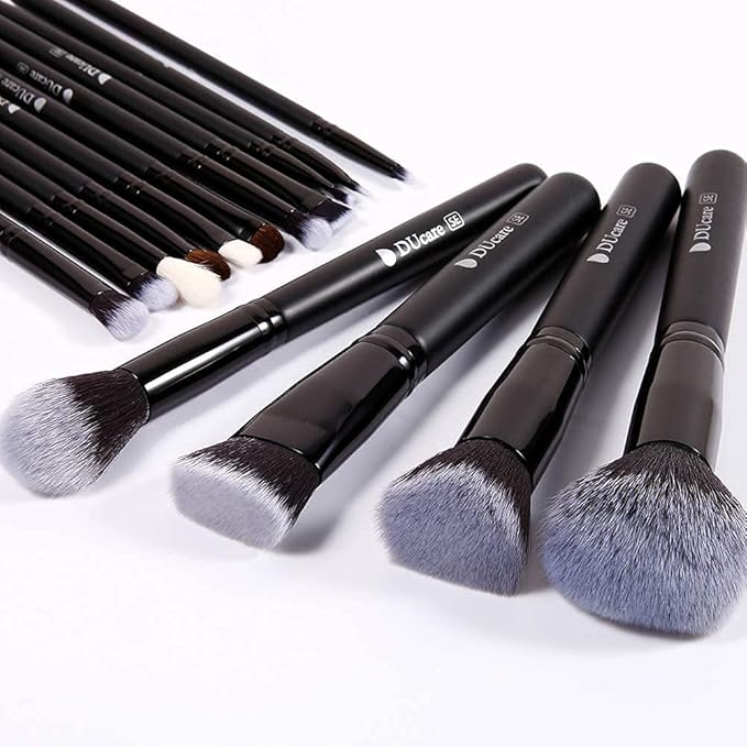 DUcare Makeup Brushes 15Pcs Premium Synthetic Kabuki Makeup Brush Set, Professional Foundation Concealers Powder Blush Blending Face Eye Shadows Black Brush Sets