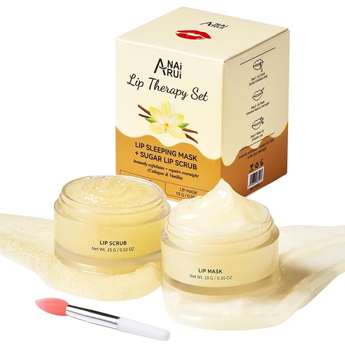 ANAI RUI Lip Mask and Scrub Set, Lip Sleeping Mask & Lip Exfoliator/Scrub for Exfoliating & Lip Overnight Treatment, Lip Care Gift Kits for Dry, Chapped & Dark Lips, Reduce Fine Lines, Vanilla