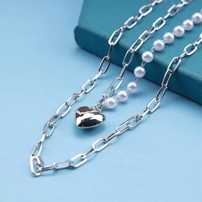Boho Layered Pearl Choker Necklace Chain Vintage Gold Heart Pendant Cuban Chain Necklace Rock Statement Pearl Heart Necklace Asymmetrical Pearl Strand Necklace Jewelry for Women and Girls