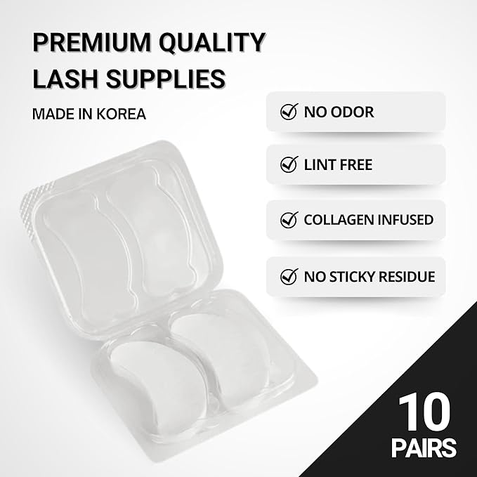 Hydro Collagen Gel Patch for Lash Extension, Under Eye Patch for Lash Lift, Lint Free, Made in Korea, 10 Pairs (20 Pads)