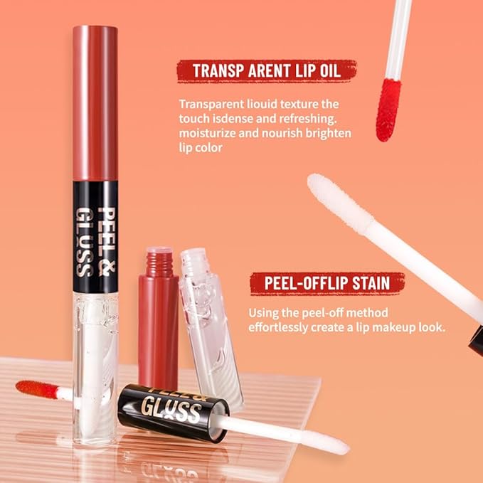 2Pcs Peel Off Lip Gloss Tattoo and Lip Oil 2-in-1, Lip Stain Peel Off Masque - Peel Off Lip Tint ,Long Lasting Waterproof Transfer-proof Lip Mask Lip Gloss Peel Off Lip Liner,Stay Lip Makeup #05+#07