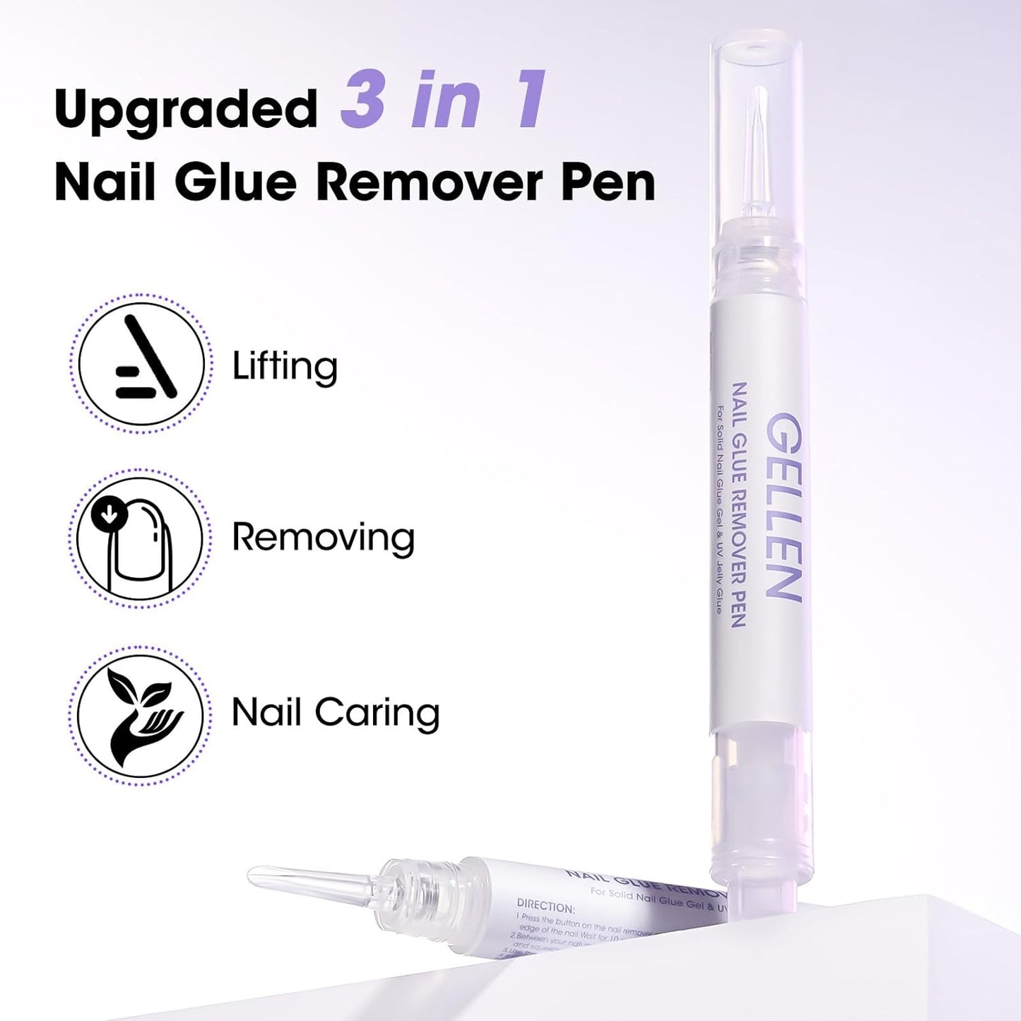 Gellen Nail Glue Remover, 2 Pcs Upgraded Glue Remover Pen for Press on Nails, Non Acetone Press on Removal, 10s Quick Remove for Nail Tips Fake Nails Solid Glue Gel