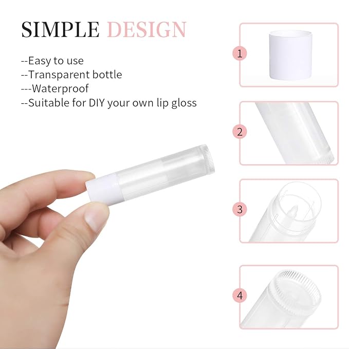 100 Sets Empty Lip Balm Tubes Bulk Round with White Caps for DIY Lipstick homemade, 3/16 Oz (5.5 ml), Clear, BPA Free, 100 Tubes and 100 Caps
