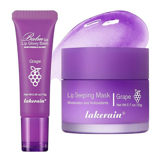 2Pcs Lip Glowy Balm and Lip Sleeping Mask Set, with 4 Flavor Options - Reduce Lip Lines, Enhance Lip Color, Hydrate & Plump Dry Chapped Lips Care (Grape)