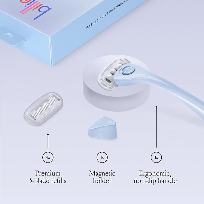 Billie Razors for Women Shave Kit with Women’s Razor, 4 x 5-Blade Razor Refills, Magnetic Holder - Cool Blue and Malibu