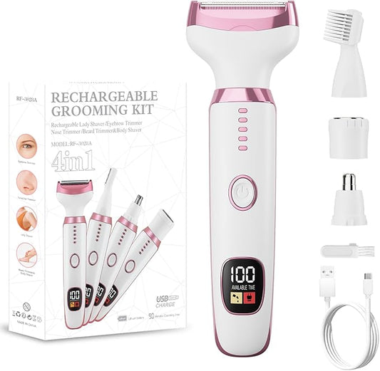 Electric Razor for Women, 4-in-1 Bikini Trimmer & Body Shaver for Nose Hair Face Eyebrow Arms Legs Armpit Underarm Pubic Area, Rechargeable Wet/Dry Painless Hair Removal