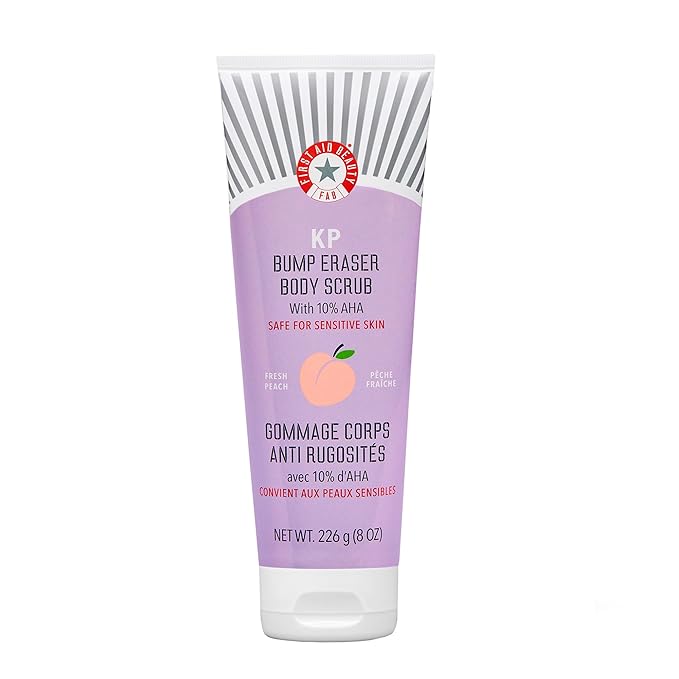 First Aid Beauty - KP Bump Eraser Body Scrub with 10% AHA, Keratosis Pilaris Exfoliator with Glycolic and Lactic acids, Helps Reduce Chicken Skin Bumps, Safe for Sensitive Skin, Peach Scent (8 oz)