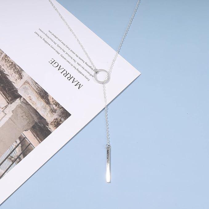 Boho Circle Bar Lariat Necklace Silver Drop Bar Y Necklace Open Circle Necklace Long Vertical Bar Necklace Chain Jewelry for Women and Girls Gifts