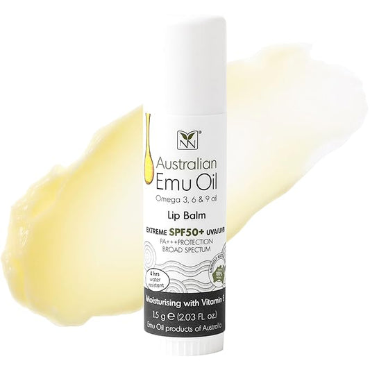 Emu Oil Moisturizing Lip Balm - Hydrating Lip Balm with Extreme SPF50+ Sun Protection - 4-Hour Water Resistant, Fortified with Vitamin E, Amino Acids & Omega 3, 6 & 9 - Y-Not Natural, 15g Stick
