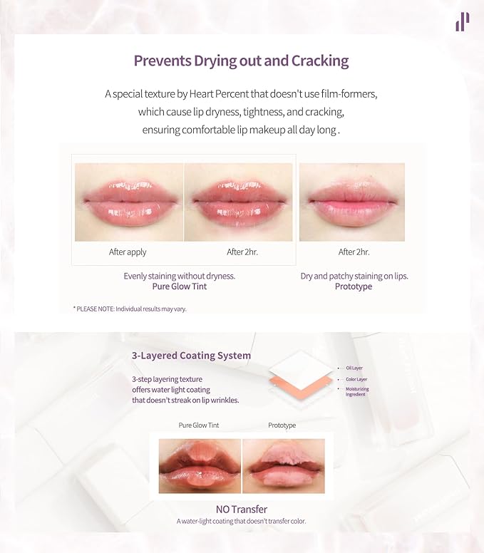 Heart Percent Dote On Mood Pure Glow Tint, Watery & Lightweight Moisturizing Lip Stain Long Lasting Liquid Lipstick 6.8g, 16.Geek & Mauve