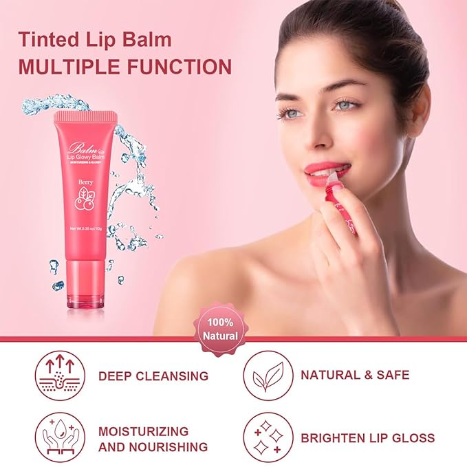 GECOMO Lip Glowy Balm, Moisturizing Lip Gloss, Nourishing Glossy Transparent Plumping Oil, Non-sticky Tinted Toot Lip Balm for Lip Care (BERRY) 0.35oz