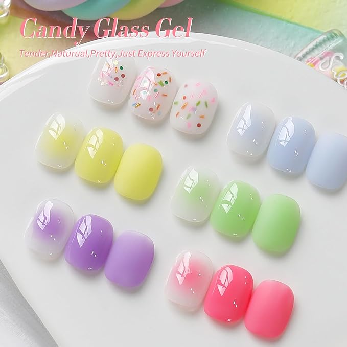 Born Pretty Jelly Pastel Gel Nail Polish 6 Colors Spring Summer Yellow Green Blue Purple Pink Candy Sweet Colors Apex Building Effect Gel Polish Kit Nail Art Gel Manicure Kit DIY at Home Salon Gifts
