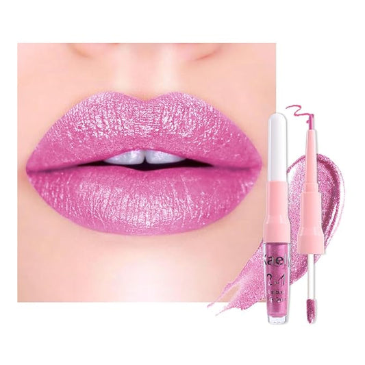 evpct Light Rose Pink Metallic Glitter Lip Liner and Lipstick Combo Lip Gloss Stain Set Makeup for Women Long Lasting Waterproof 24, Pink Metallic Shimmer Frosted Iridescent Shiny Liquid Lipstick 10