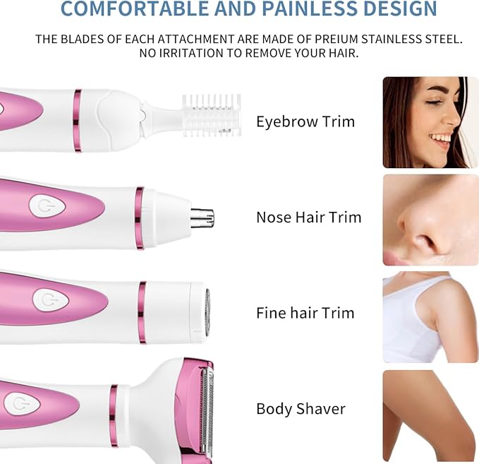 Electric Razor for Women, Bikini Trimmer Womens Shaver for Face Nose Eyebrow Body Leg Pubic Underarm Arm Ladies Rechargeable 4 in 1 Hair Removal Kit Painless Trimming, Gifts for Women (Pink)