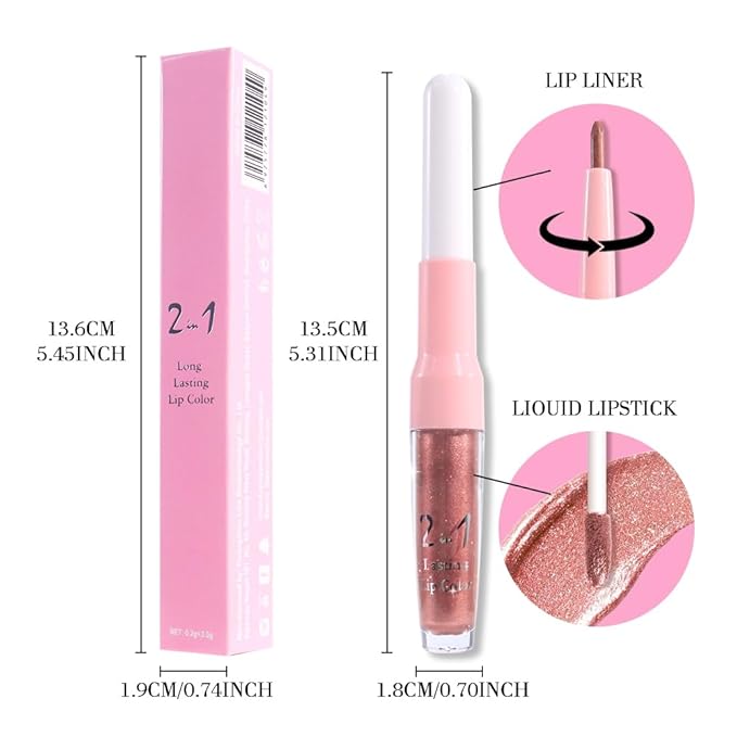 evpct Bronze Gold Metallic Glitter Lip Liner and Lipstick Combo Lip Gloss Stain Set Makeup for Women Long Lasting Waterproof 24, Rose Gold Metallic Shimmer Frosted Iridescent Glossy Liquid Lipstick 14