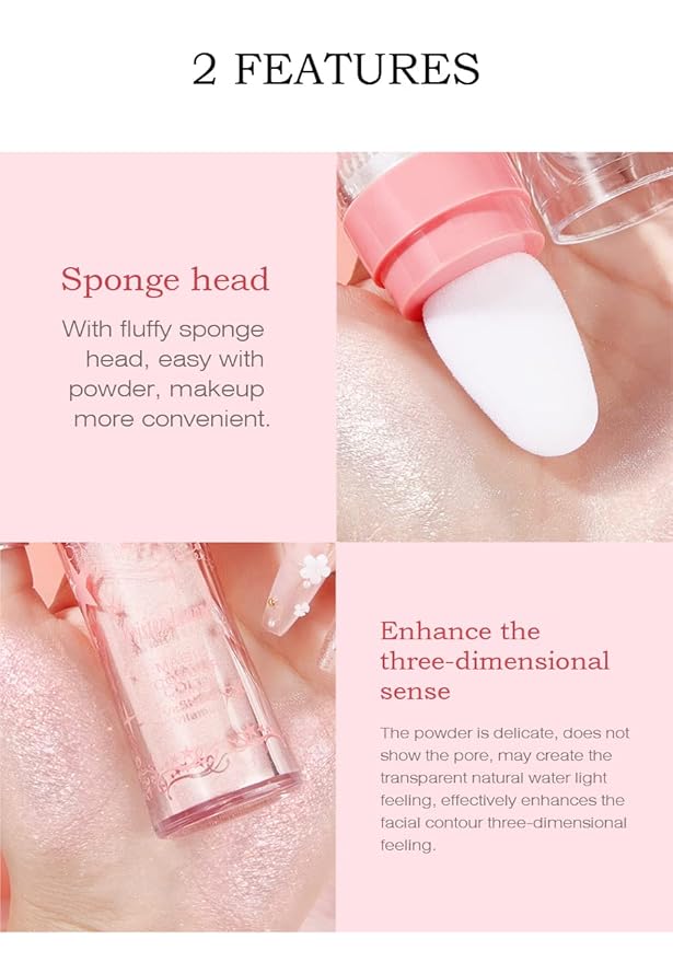 AKARY Shimmer Highlighter Powder, Fairy Polvo De Hadas Highlighter Powder & Blush Stick, Instant Glow Luminizer Duo, Glitter Body Face Hair High Gloss Stick, Sparkle Smudge-Proof Highlighter Stick Party Makeup (C-#03)