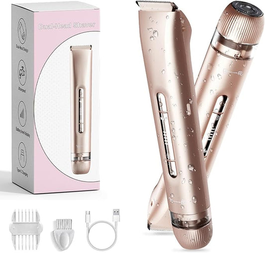 Dermave Bikini Shaver,Bikini Trimmer for Women,2025 Upgrade Dual Head Shaver Women,2 in 1 Wet & Dry Waterproof Electric Bikini Trimmer for Face, Body & Intimate Areas(Pink Rose)