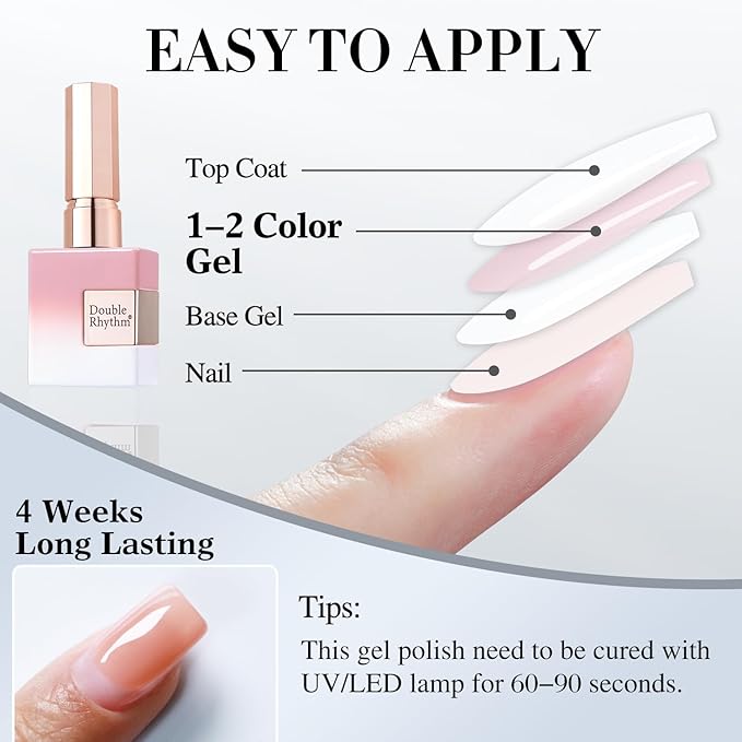 Double Rhythm 0.50 OZ Translucent Gel Polish Same Color Same Bottle Sheer Pastel Neutral Natural Milky 15 ML Jelly UV Nail Art DIY at Home (Beige Nude-A1511)