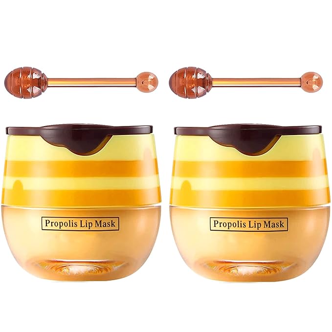 Bee Lip Balm Honey Pot, Strawberry & Honey Moisturizing Propolis Lip Mask, Hydrating & Prevention Dry and Cracked Lip Scrubs Exfoliator, Reduces Lip Lines (2Pcs Yellow)