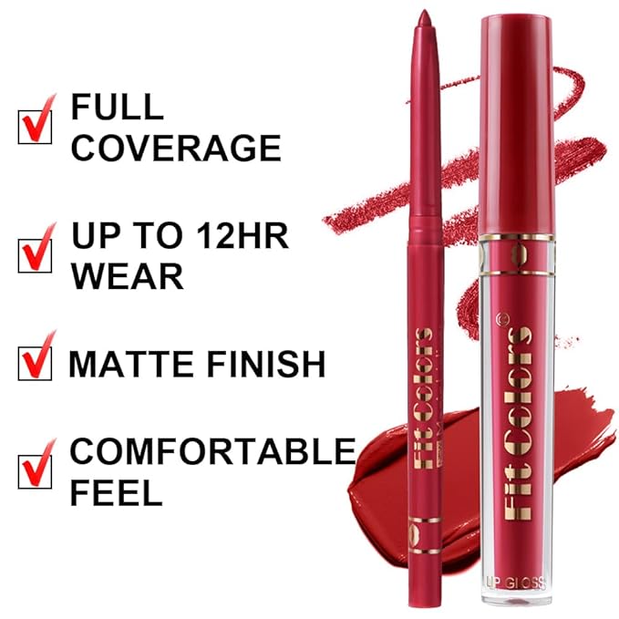 6 Colors Liquid Lipstick + Lip Liner Pen Makeup Set, Super Stay Matte Finish Lip Stain and Define Lip Liner Pencil Gift Set for Women, Longwear, Waterproof, 1PC Lip Glow Oil Include