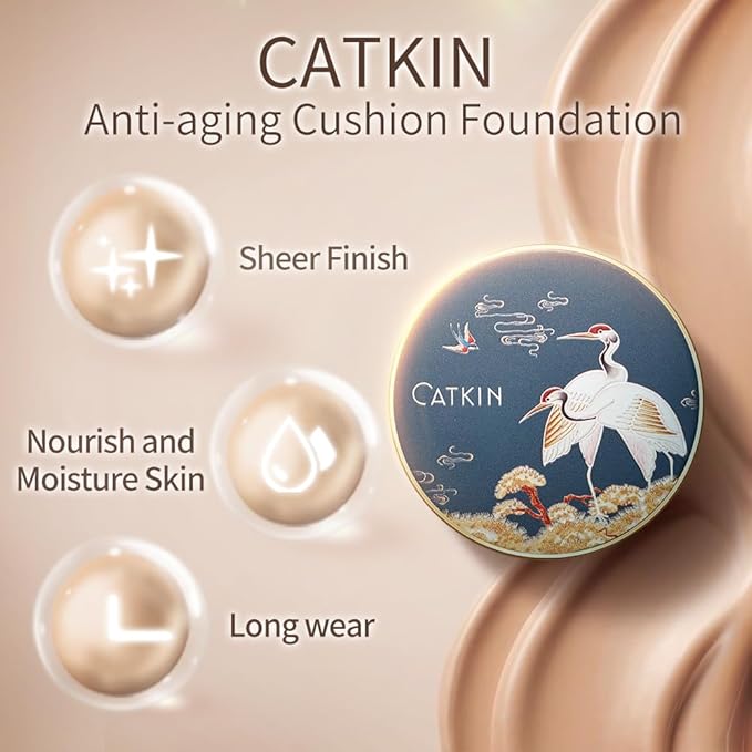 Catkin Phoenix Cushion Foundation Buildable Coverage Anti-Aging Serum Makeup, Sheer Satin Finish, Refill Included, Light Beige 0.46 Oz x 2, C04 BUFF