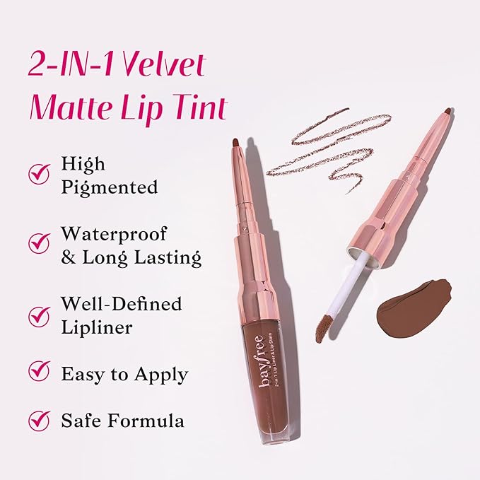 2-IN-1 Lip Liner and Lip Stain, High Pigmented Long Lasting Velvet Lip Tint, Well-Defined Lipliner, Weightless Waterproof Not Animal Tested, Matte Finish Makeup