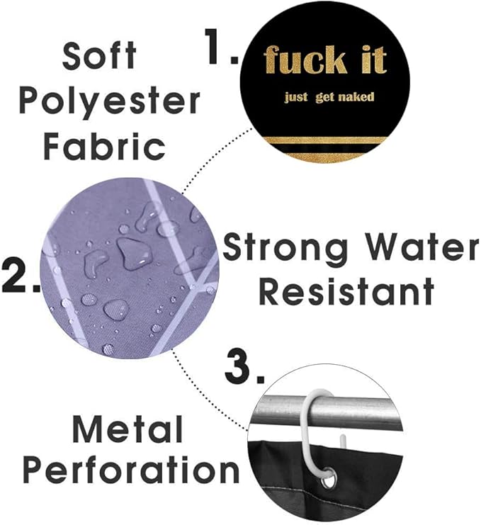 4PCS Gold Glitter Get Naked Shower Curtain Set, Funny Quote Stripe Luxury Glam Modern Dorm Bathroom Decor, Waterproof Fabric Black Shower Curtain, Non-Slip Bath Mat Toilet Rug, Just Get Naked