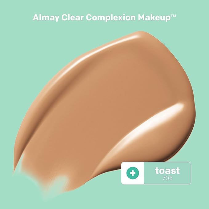 Almay Clear Complexion Acne Foundation Makeup with Salicylic Acid - Lightweight, Medium Coverage, Hypoallergenic, Fragrance-Free, for Sensitive Skin, 705 Toast, 1 fl oz.