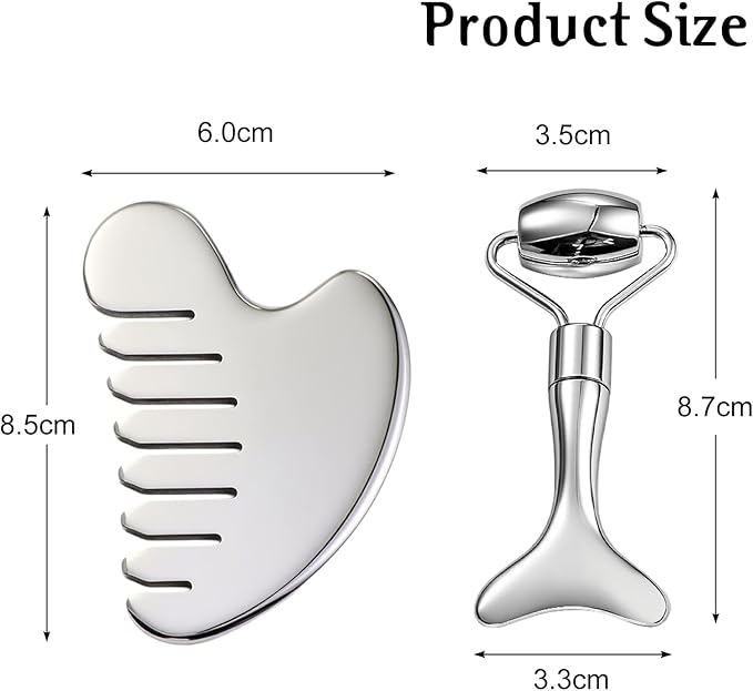 Gua Sha Facial Tool and Face Roller Set, Stainless Steel Lymphatic Drainage Massager for Face, Head, Eyes, Chin and Jaw, Lifting, Massage Scraping with Travel Pouch