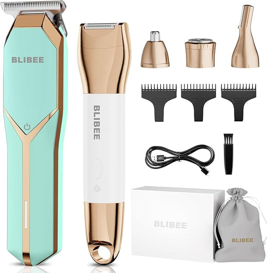 Hair Clippers & 1 Bikini Trimmer - Waterproof Electric Clippers & 4 in 1 Bikini Trimmer Set, Deluxe Wet/Dry Body Shaver for Nose Eyebrows Beard Pubic Hair, Green