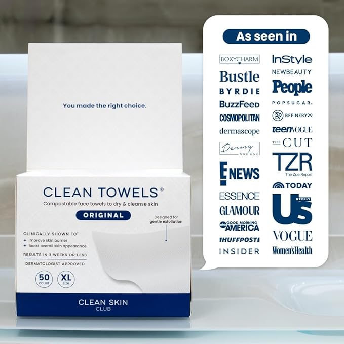 Clean Skin Club Clean Towels XL™, 100% USDA Biobased Face Towel, Disposable Face Towelette, Makeup Remover Dry Wipes, Ultra Soft, 50 Ct, 1 Pack