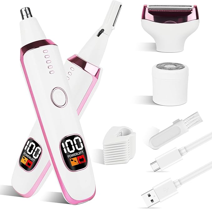 2025 Rechargeable Nose and Ear Hair Trimmer with LED Dispaly for Women Men,4 in 1 Painless Eyebrow & Facial Hair Trimmer with Powerful Motor,Ladies Wet & Dry Electric Razor (White)
