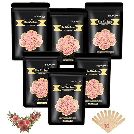 Hard Wax Beads 1.3Lb/21oz for Brazilian, Eyebrow, Bikini, Face, Arms, and Legs Waxing - 6 Packs with 10 Wax Spatulas for Women and Men