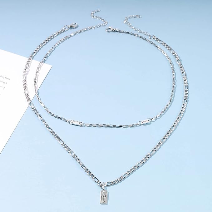 Boho Layered Silver Bar Necklace Choker Figaro Chain Necklace Vintage Layering Link Chain Necklace Geometric Necklace Jewelry for Women and Girls