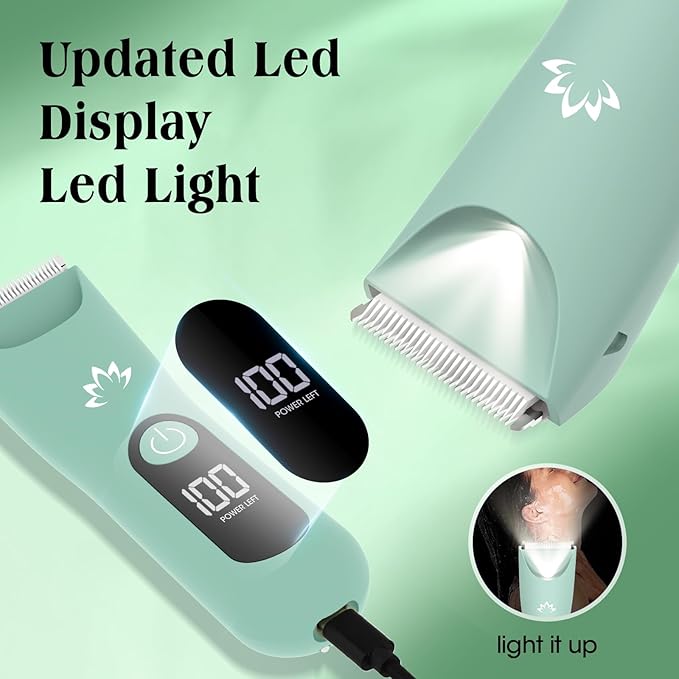 Electric Bikini Trimmer for Women,Electric Razors for Women,Cordless Pubic Hair Trimmer,IPX7 Waterproof & LED Display Mens Ball Trimmers Bikini Shaver for Underarm Leg Arm,Gifts Green