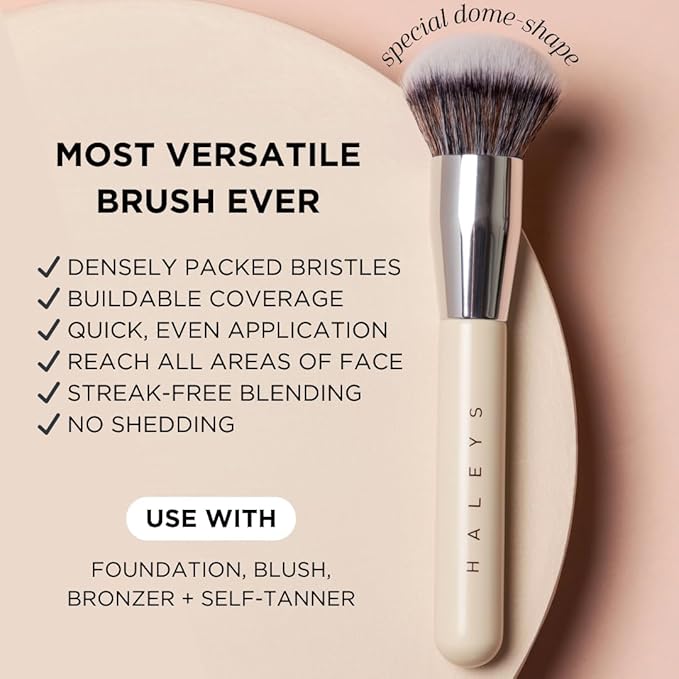 HALEYS Kabuki Makeup Brush + GWP Skin Tint Mini, VEGAN+CRUELTY-FREE, Sustainable Wood, Vegan Bristles for Airbrushed Finish, For Creams, Liquids, Powder, Streak-free, Perfect Blending, Buffs, Blurs
