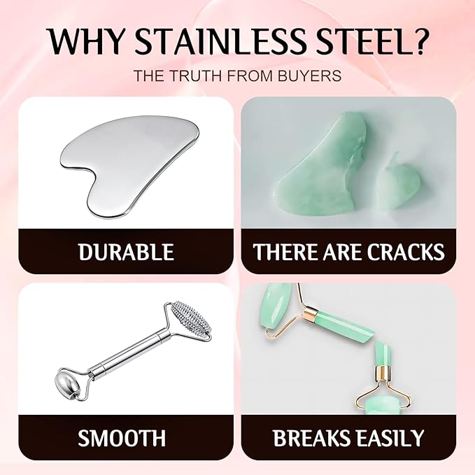 Gua Sha Facial Tools and Face Roller Set, Lymphatic Drainage Massager，Stainless Steel Facial Sculpting Eyes Roller Guasha for Face, Chin & Jawline Sculpting,Skin Care (Stainless Steel)